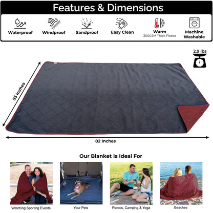 BRAWNTIDE Large Outdoor Waterproof Blanket - Quilted, Extra Thick Fleece, Warm, Windproof, Ideal Stadium Blanket, Camping Blanket, Great for Beaches, Festivals, Parks, Grass, Yoga, Pets, Dogs (Wine)