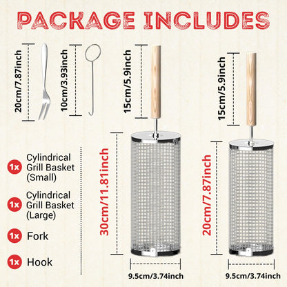 Rolling Grill Basket Round Shaped with Removable Wooden Handle, 304 Stainless Steel, Nesting Grilling Net, BBQ Accessories Tools for Vegetables Shrimp, Outdoor Cooking Camping Gift