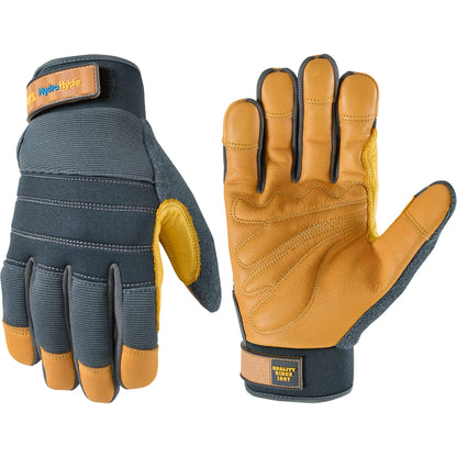 Wells Lamont Men's HydraHyde Work Gloves – Cowhide Leather, Reinforced Fingertips for Durability – Adjustable Velcro Wrist – Ideal for Gardening, Landscaping, Lawn Care – Navy - L