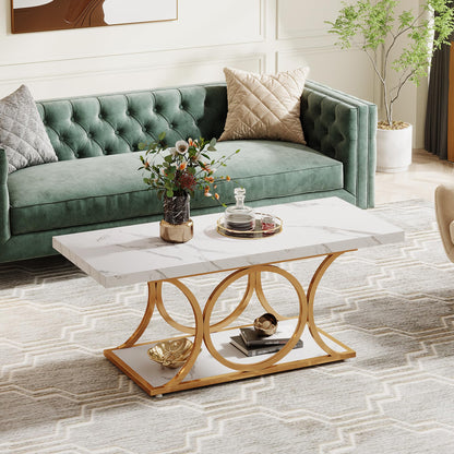 Tribesigns 46.45” Rectangle Coffee Table, Modern Coffee Tables for Living Room, 2-Tier Faux Marble Wood Coffee Table with Geometric Legs, Furniture with Storage Shelf (White & Gold)