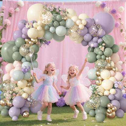 Amandir 173Pcs Dusty Green Purple Pink Balloon Arch Garland Kit, Lavender Pastel Blush Pink Yellow Mist Green Gold Confetti Balloons for Easter Shower Wedding Tea Wildflower Birthday Party Decorations