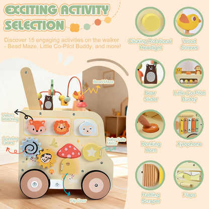 Pithfor Wooden Activity Cube Push Walker, Wooden Baby Walker, Montessori Toys for Babies 10-12 Months 1 2 3 Years Old Boys & Girls, Help Learning to Walk & Sit-to-Stand