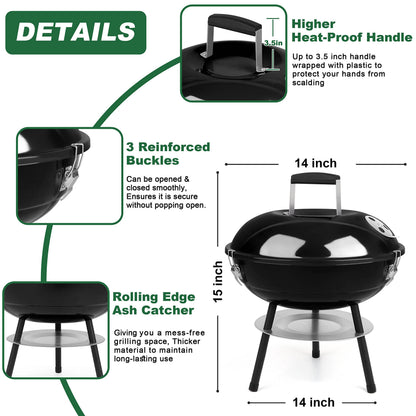 14 inch Charcoal Grill, Joyfair Small Portable BBQ Grill with Locking Lid for Outdoor Camping/Patio/Backyard Barbecue/Tabletop Cooking, Enamel Coated & Dual Vent System (Black)