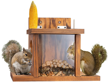 MIXUMON Wood Squirrel Feeder, Squirrel Feeders for Outside Winter, Wooden Chipmunk Feeder for Corn, Peanuts, Durable Box Easy to Fill with Removable Front Panel (Style 1)