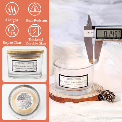 CONNOO 15 Pack 4 OZ Clear Glass Candle Jars with Airtight Bamboo Lids for Making Candles, Bulk Small Wide Mouth Empty Candle Containers with Sticky Warning Labels - Dishwasher Safe