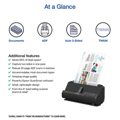 Epson Workforce ES-C220 Compact Desktop Document Scanner with 2-Sided Scanning and Auto Feeder (ADF) for PC as Well as Mac