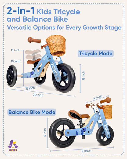 KRIDDO 2 in 1 Wooden Kids Tricycle and Balance Bike with Pattern for 1-4 Years Old, No-Pedal Tricycle and Toddler Balance Bike with Basket and Adjustable Seat, Ideal for Outdoor and Indoor, Blue