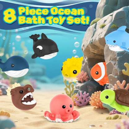 Zippytots 8 PCS Ocean Animal Bath Toys Mold Free Infant Bath Tub Toys for 12 Months - No Hole Bathtub Toys for Toddlers 1-3 Water Pool Toys for Baby Toddler Ages 1+