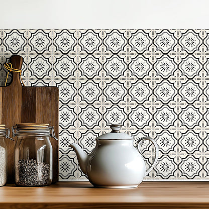 30 Count Moroccan Tile Decals 4 in – Self Adhesive Vinyl Wall Stickers, Waterproof Peel & Stick for Kitchen Backsplash, Bathroom, Stair Tread Accent, Neutral Tan/Black (Black)