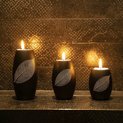 IYARA CRAFT Candle Holder Set with Tray – 3 Handmade Wood Tealight Holders, Black Leaf Design, Winter Home Décor, Spa-Inspired Holiday Centerpiece & Elegant for Women, Mom, Housewarming