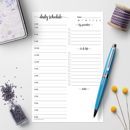 321Done Daily Schedule Planning Notepad - 50 Sheets (5.5x8.5) – Hourly Appointment Daily Planner To Do Checklist Tear-Off Note Pad - Made in USA - Simple Script Half-Letter Small Size