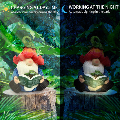 Sinhra Garden Gnome Statue-Resin Gnome Figurine Hugging Turtle Reading Book with Solar LED Lights，Outdoor Summer Decorations for Patio Yard Lawn Porch,Garden Ornament Gift