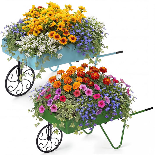 BBTO 2 Pcs Metal Wagon Planter Flower Cart Wheelbarrow Flower Pot Stand with Wheels, Handle - Vintage Garden Wagon for Vegetables Herbs, Indoor Outdoor Decorative Cart for Home Balcony Patio Backyard