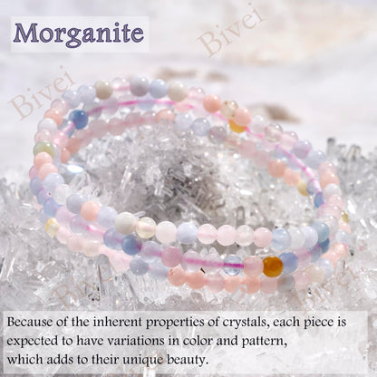 Bivei Morganite - Soothing - 4mm Beaded Bracelets for Women Handmade Semi Precious Natural Stone Stretch Elastic Jewelry Yoga Protection Gifts Small