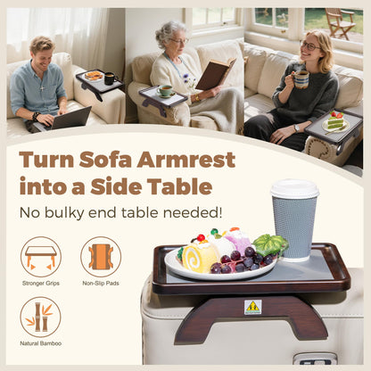 Tomlyop Couch Armrest Table, Foldable Bamboo Sofa Arm Tray for Couch with a Non-Slip Pad, Clip On Couch Arm Table for Remotes/Eatting/Drinks, Fits Sofa Armrest 3.5"-13.5" Brown