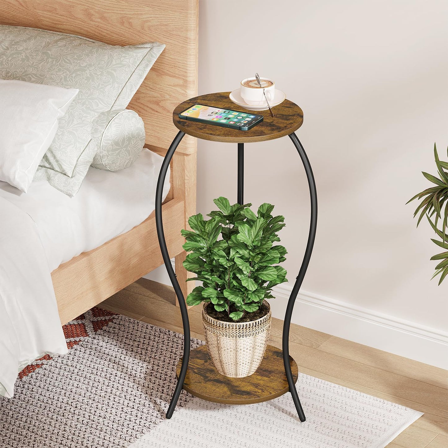 VYUOL Plant Stand Indoor, 2 Tier Round Tall Plant Stand, Flower Pot Stand, Plant Shelf Rack, Corner Plant Stand for Planter Garden Balcony Patio Living Room, Retro