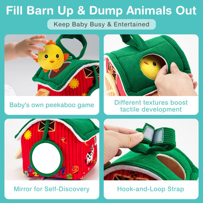 NECTAR BABY Soft Baby Sensory Toys - First Surprise Barn with 6 Stuffed Farm Animals - Rattles, Crinkles, Squeak, Mirror - Montessori Toys for 6-12 Months Infant & 1-3 Years Toddler Gifts & Travel Toy