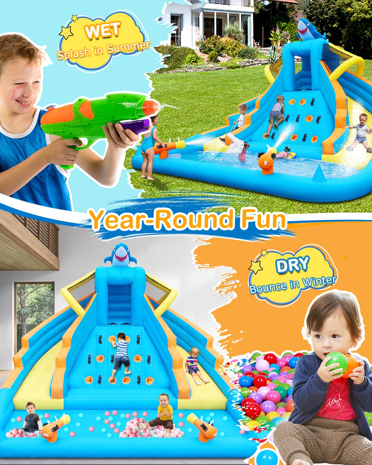 Inflatable Water Slide, 13FT Shark-Themed Large Bounce House with Dual Slides, Climbing Wall, Deep Pool, Water Cannon, 680W Blower, Storage Bag, Backyard Blow Up Water Park for Kids Aged 3–10