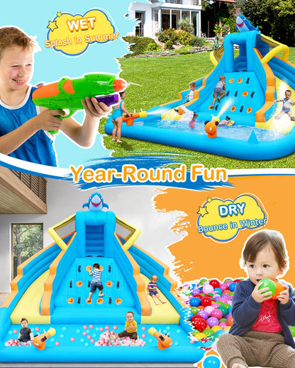 Inflatable Water Slide, 13FT Shark-Themed Large Bounce House with Dual Slides, Climbing Wall, Deep Pool, Water Cannon, 680W Blower, Storage Bag, Backyard Blow Up Water Park for Kids Aged 3–10