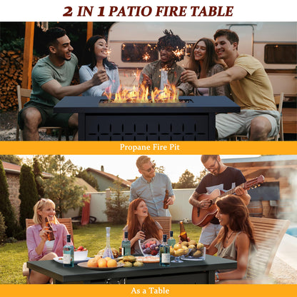 Vongrasig 43" Gas Fire Pit for Outside, 50,000 BTU Outdoor Propane Fire Pit Table with Lid & Lava Rock, Steel Rectangular Fire Table for Patio, Backyard, Deck, Garden, Black
