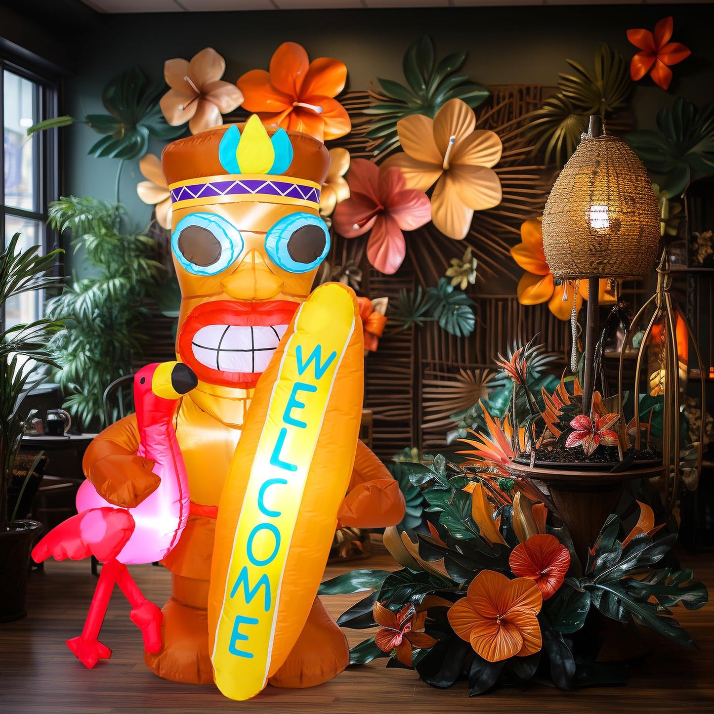 Shappy 5 ft Inflatable Tiki Flamingo Surfboard Luau Hawaiian Party Decorations Summer Inflatables Outdoor LED Lighted Tiki Blow up Beach Tropical Pool Surfing Yard Party Supplies Favors(Flamingo)