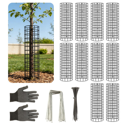 Augshy 10-Pack Tree Trunk Protectors, 17 Inch Height, 13 Inch Width, Expandable Metal Guard with 20 Ground Stakes 100 Ties for Ultimate Plant Bark Protection