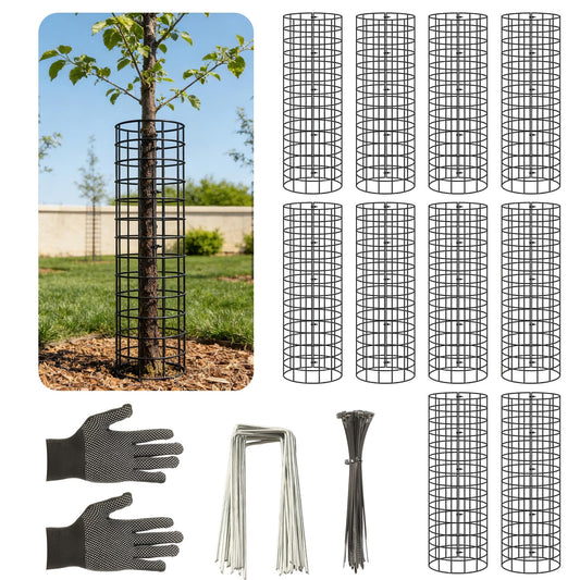 Augshy 10-Pack Tree Trunk Protectors, 17 Inch Height, 13 Inch Width, Expandable Metal Guard with 20 Ground Stakes 100 Ties for Ultimate Plant Bark Protection