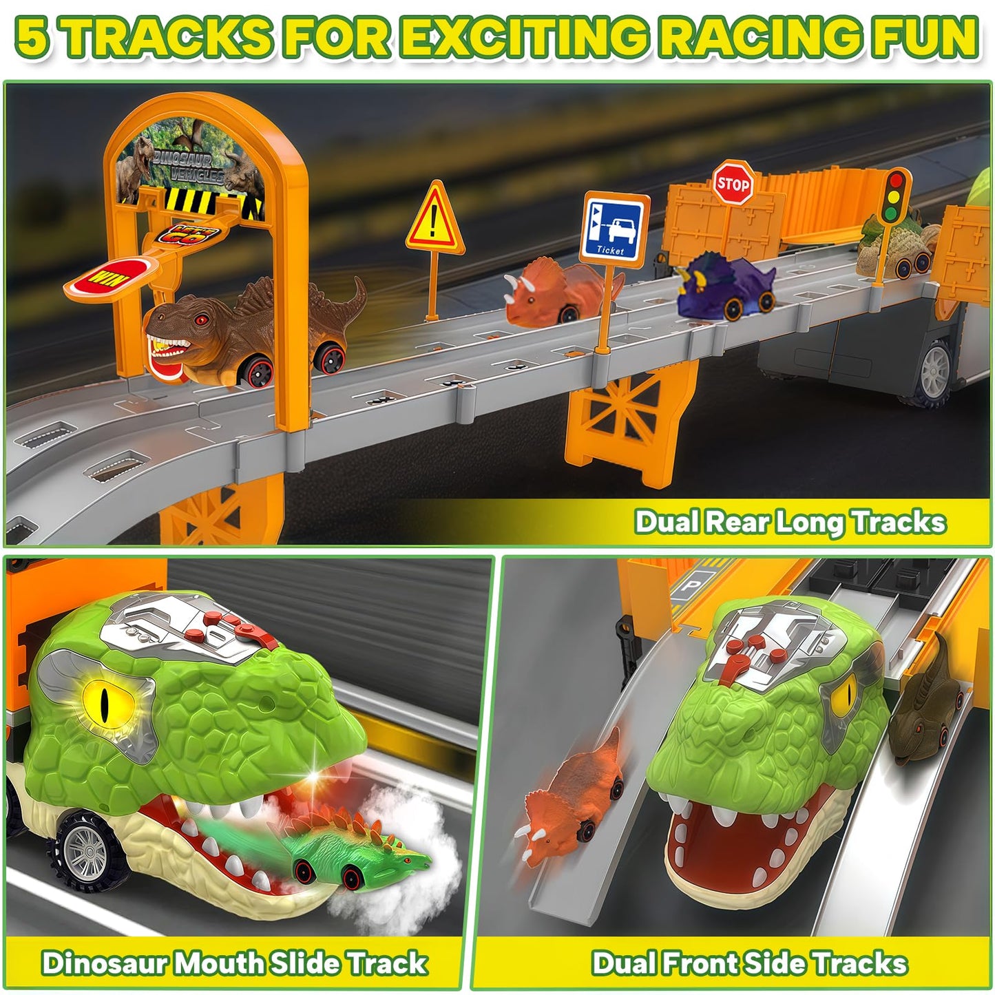 Dinosaur Carrier Truck Race Track Toys for Kids 3-5, Large Toy Cars Track Set with 8 Small Dinosaur Cars, T-Rex Transport Carrier, Christmas Birthday Gifts for 3 4 5 6 7 Year Old Toddler Boys Girls