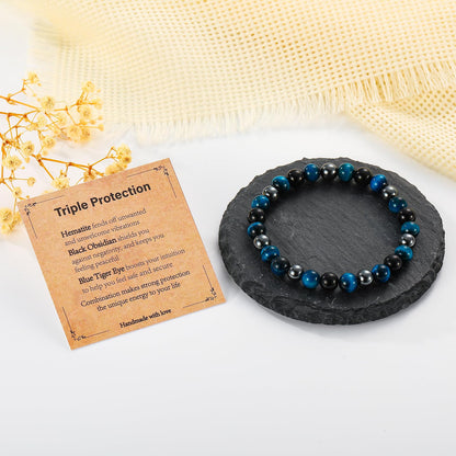 Gnamy Triple Protection Beaded Bracelet Bule Tiger Eye Hematite Bracelets Black Obsidian Bracelets Birthday Anniversary Valentines Healing Jewelry Gifts for Husband Boyfriend Lover Man