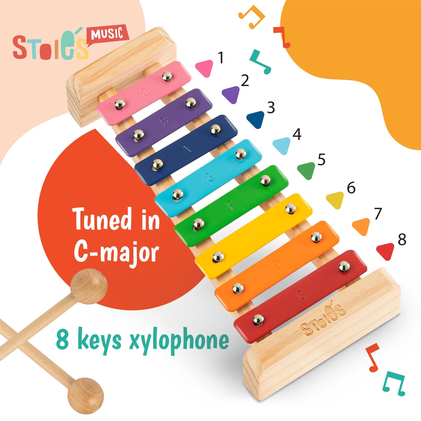 Stoie's Wooden Xylophone for Kids and Toddlers, Kid-Friendly Design, 8 Notes of Rainbow Color, Tuned C-Key Xylophone with Mallets and Music Songbook, Kids Musical Instrument Educational Montessori Toy