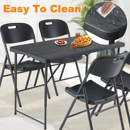 FROASISPRO 4ft Folding Table, Portable Fold-in-Half Adjustable Height Utility Table for Indoor/Outdoor Use, Durable HDPE & Steel, Stable & Lightweight, Multi-Purpose, Black Woodgrain