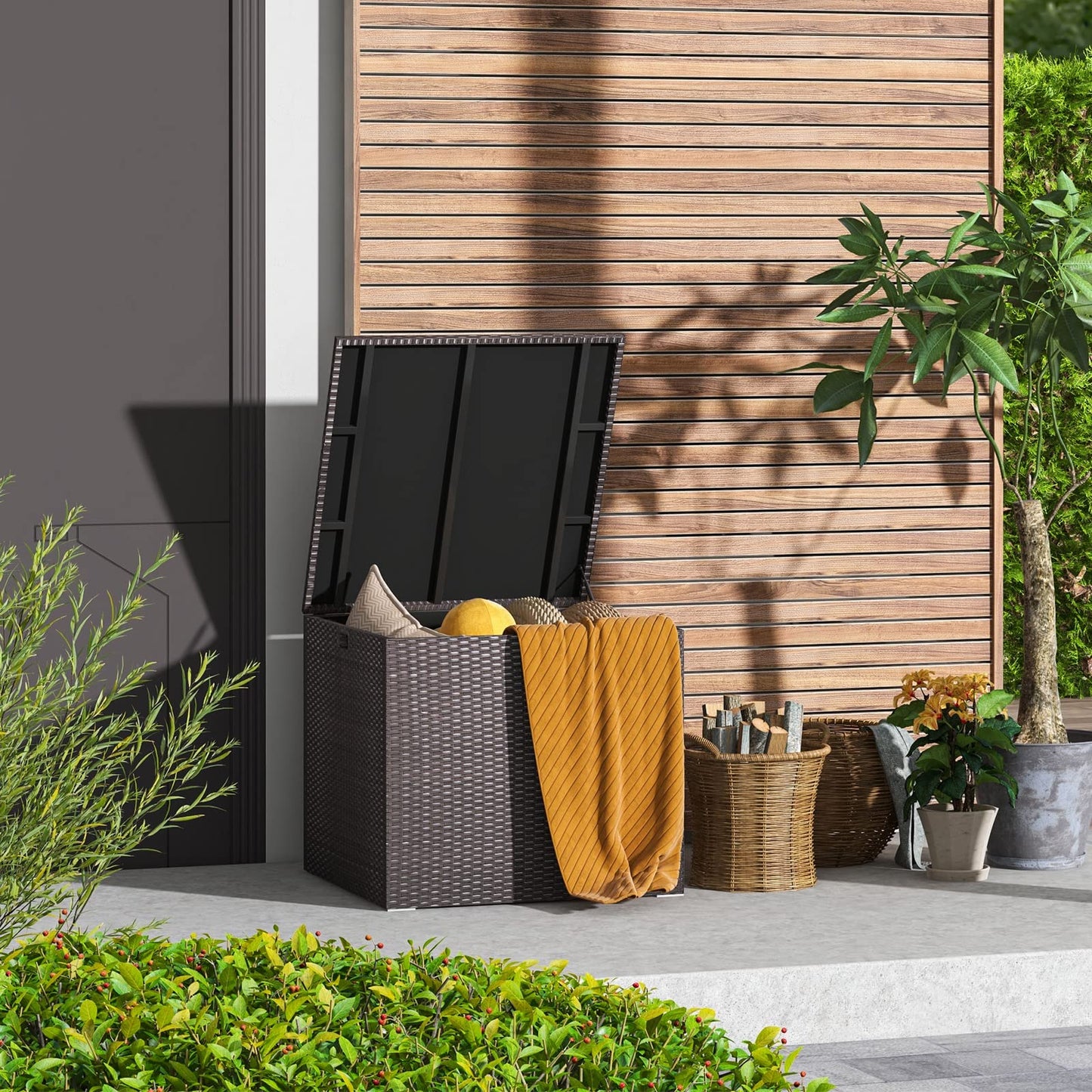 Tangkula 72 Gallon Square Deck Box, Patio Mix Brown Rattan Storage Container w/Zippered Liner & Solid Pneumatic Rod, Sturdy L-Shaped Aluminum Feet, Outdoor Wicker Deck Box for Front Porch, Backyard