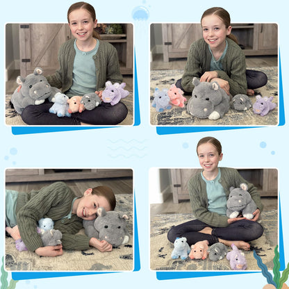 Tezituor 5Pcs Hippo Stuffed Animals Toy with Babies, 16'' Large Mommy Stuffed Hippo Plushies with 4 Cute Babies, Cute Hippopotamus Plush Body Pillow for Boys Girls