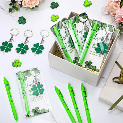 Fullhawl 12 Sets Shamrock Pen Gifts Bulk for Employee Good Luck Ballpoint Pens Clover Keychains with Thank You Cards for Teacher End of Year Team Staff Coworker Graduation