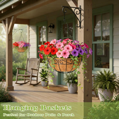 Qusuxi 4 Pack 12 Inch Hanging Baskets for Plants Outdoor Metal Hanging Planter Hanging Flower Baskets with Coco Fiber Liners Chain Round Wire Plant Holder Flower Pots(Plaid)