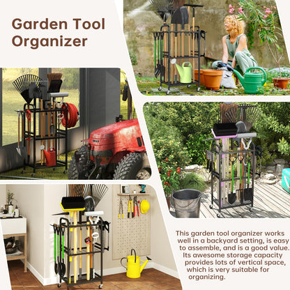 Hadulcet Garden Tool Organizer, Metal Garage Organization and Storage with Lockable Wheels, Garden Tool Rack with Storage Hooks, Heavy Duty Yard Tool Organizer for Garage, Shed, Lawn, Outdoor, Black