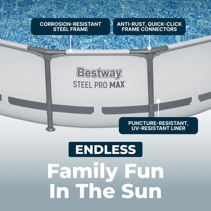 Bestway Steel Pro MAX 14' x 33" Round Above Ground Swimming Pool Set, 530 GPH Filter Pump, Tritech Puncture Resistant Liner, ClickConnect Steel Frame, Gray