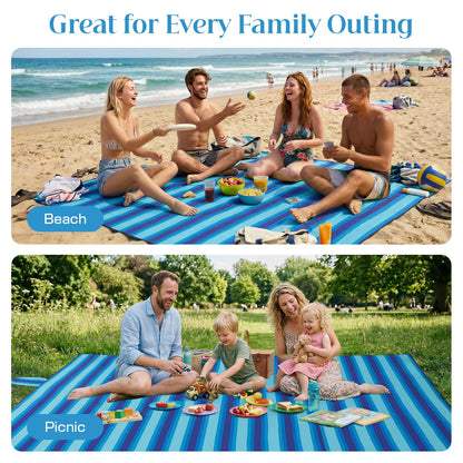 Beach Blanket Sandproof - Oversized Extra Large Waterproof Beach Mat for 3-4 People, Lightweight Sand Free Mat for Summer Vacation with 6 Stakes & 4 Corner Pockets for Beach, Camping 7x7ft Blue Stripe