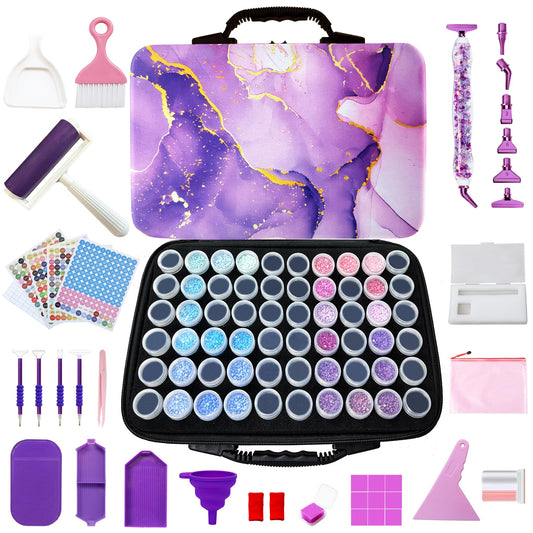 Muzagroo Art Diamond Painting Storage Containers, Diamond Art Storage Case with Accessories and Tools, Portable Shockproof 60 Slots Organizer Case for Diamond Painting Kits M (Purple)