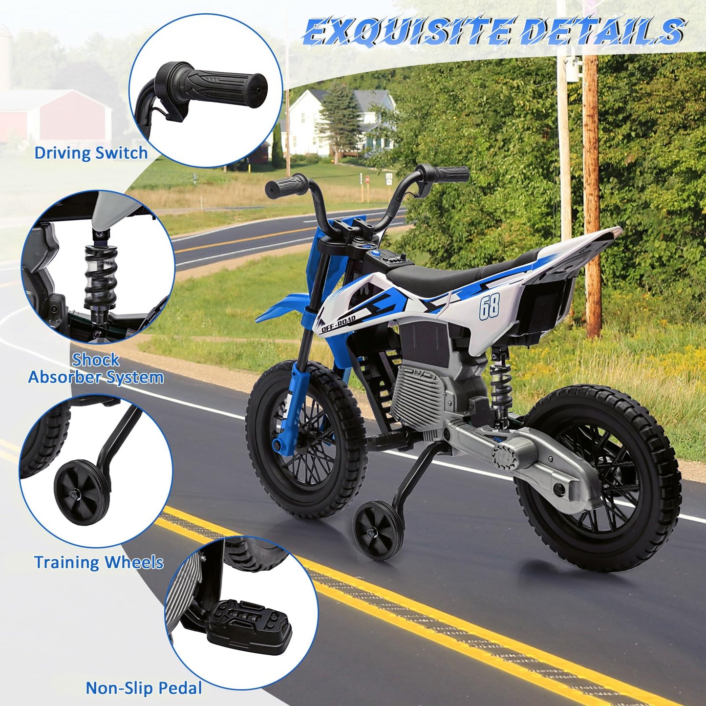 GarveeLife 12V Kids Motorcycle, Electric Dirt Bike with Traning Wheels, Twist Grip Throttle, 3mph Max Speed and Music, Ride on Motorcycle for Toddlers, Deep Blue (Deep Blue)