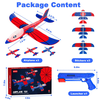 HitToys Airplane Launcher Toy for Kids, 3 Pack Spider Foam Gliders Air Planes with Led, 2 Flight Modes 3 4 5 6 7 Year Old Boys Girls Outdoor Flying Toys Outside Sport Games Birthday
