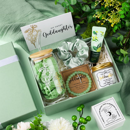 Teenyyou 9 Pcs Goddaughter Gifts from Godmother Glass Cup Bracelet Scented Candle Cream Hair Scrunchies Card Gift Box Set for Goddaughter Baptism(Sage Green)