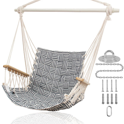 [Upgraded] Hammock Chair Hanging Swing with Wooden Armrests;Steel Spreader Bar and Anti-Slip Rings;Cotton Woven Fabric;Up to 300 Lbs for Bedroom,Patio,Porch,Deck-Indoor Midnight Blue Stripe