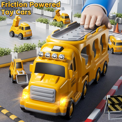 KIZONLY Construction Trucks Toys for 2 3 4 5 Years Old Boys - 5-in-1 Carrier Transport Vehicle Truck for Toddlers 2-4 Years with Crane, Mixer, Pushdozer and Excavator, Car Toys Birthdays Gift