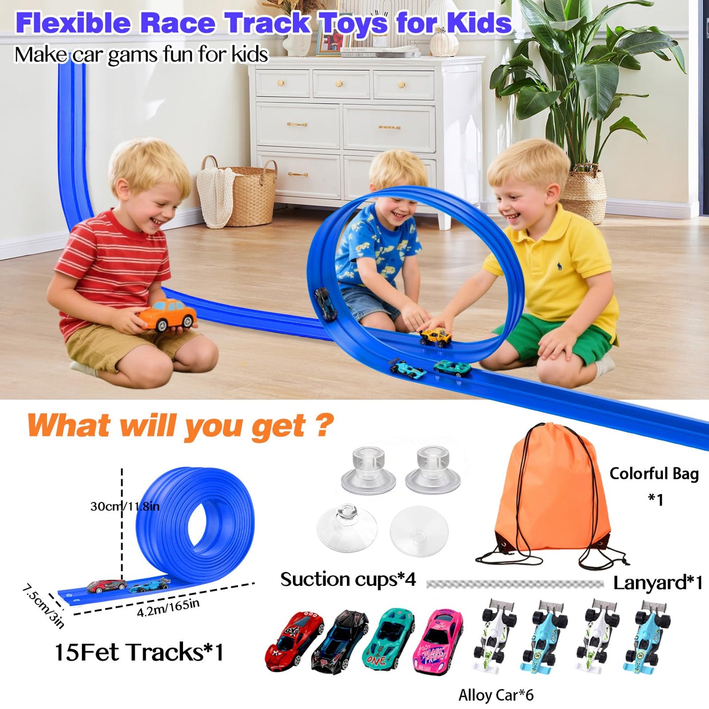 Flexible Car Track for Kids: 15 Ft of Portable Roll-Up DIY Flexible Race Track with 8 Cars & 4 Strong Suction Cups Car Ramp Toy Track, – A Great Birthday for Boys & Girls Ages 3+ (Blue)