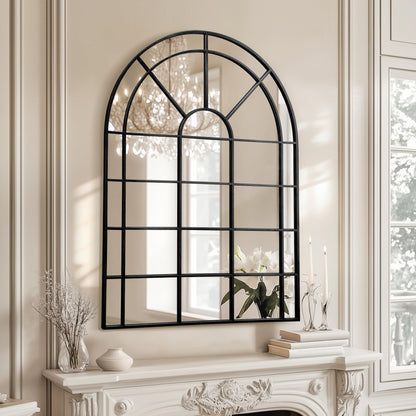 Besdomus Large Arched Window Mirror: 29"x42" Black Classic Farmhouse Wall Mirror - Wall Decor for Fireplace/Entryway/Hallway/Living Room - Ideal for Home Decor Enthusiast