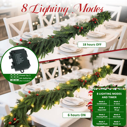9FT Garland with 7 Modes LED Light, 9 True Pinecones&Red Cones&Eucalyptus Leaves, Norfolk Pine Garlands for Festivals Day, Wall, Indoor, Outdoor Holiday Winter Decorations