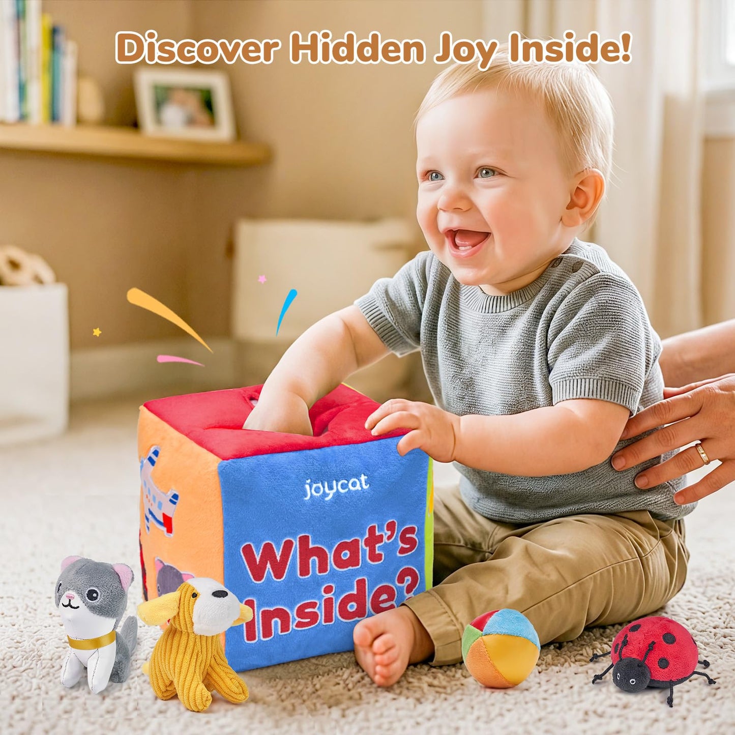 JoyCat Baby Toys 6-12 Months - Mystery Soft Box with 10 Sensory Objects, Rattle, Crinkle Paper, Mirror - What's Inside Box Infant Gifts, Soft Busy Toys 1-2 - Baby Easter Basket Stuffers Gifts