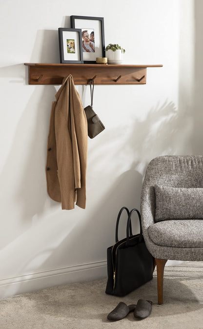 Kate and Laurel Alta Modern Wall Shelf with Hooks; 36 x 5 x 5; Walnut Brown; Decorative Entryway Shelf with 5 Hanging Hooks