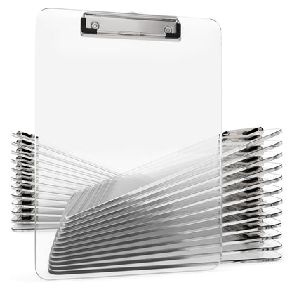 Kiggos 25 Pack Acrylic Clear Clipboards Bulk Plastic Clipboard with Low Profile Metal Clip 12.5 x 9 Inch Letter Size Classroom Set with Hanging Hook Holds 100 Sheets